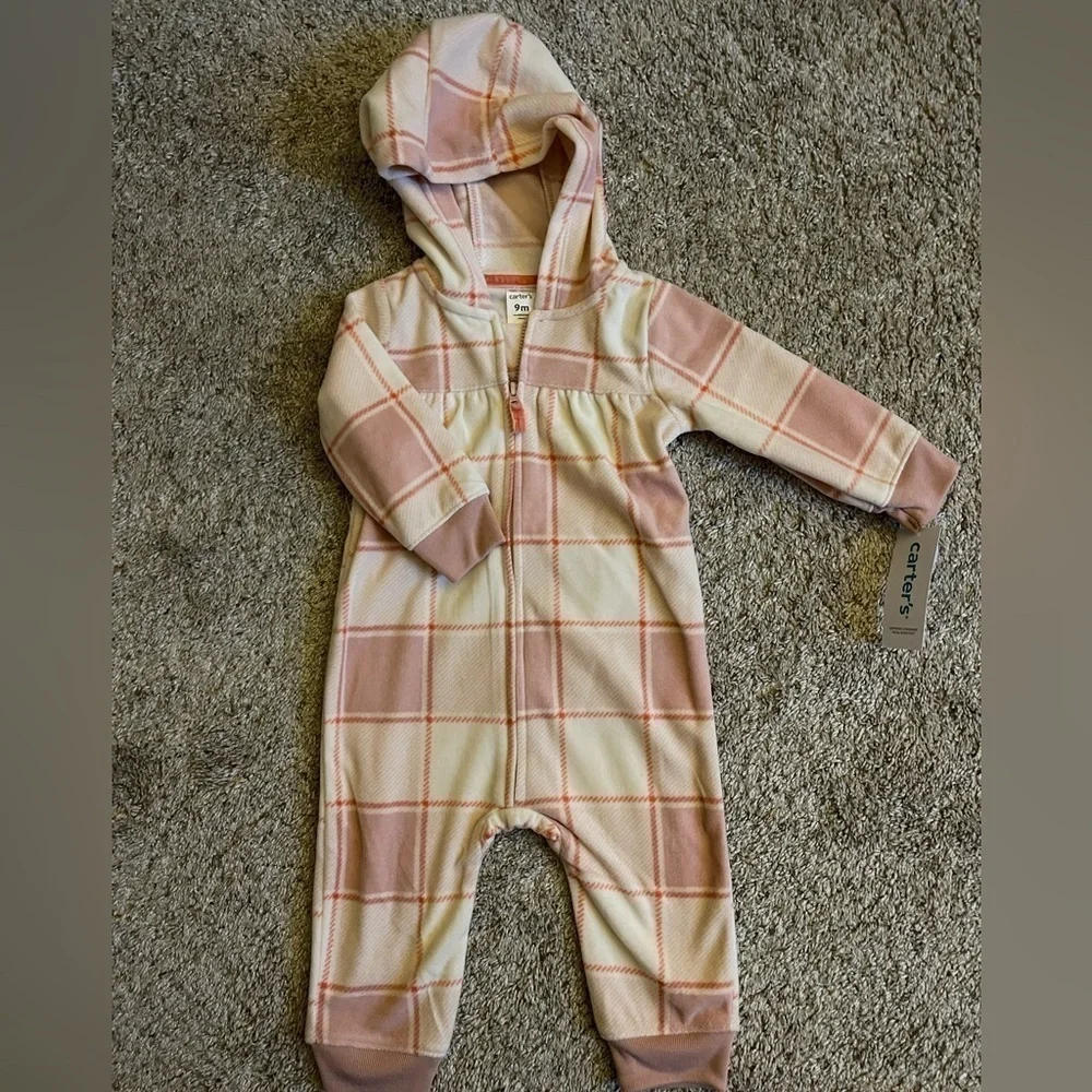 🆕 Carter’s | One Piece Hoodie Body Suit Extra Soft Pink Plaid | baby girl 9 Mo